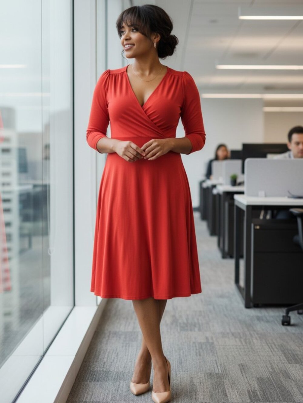 TOMSWARE Wrap Dress Sz Large Red 3/4 Sleeve V-Neck A-Line Stretch